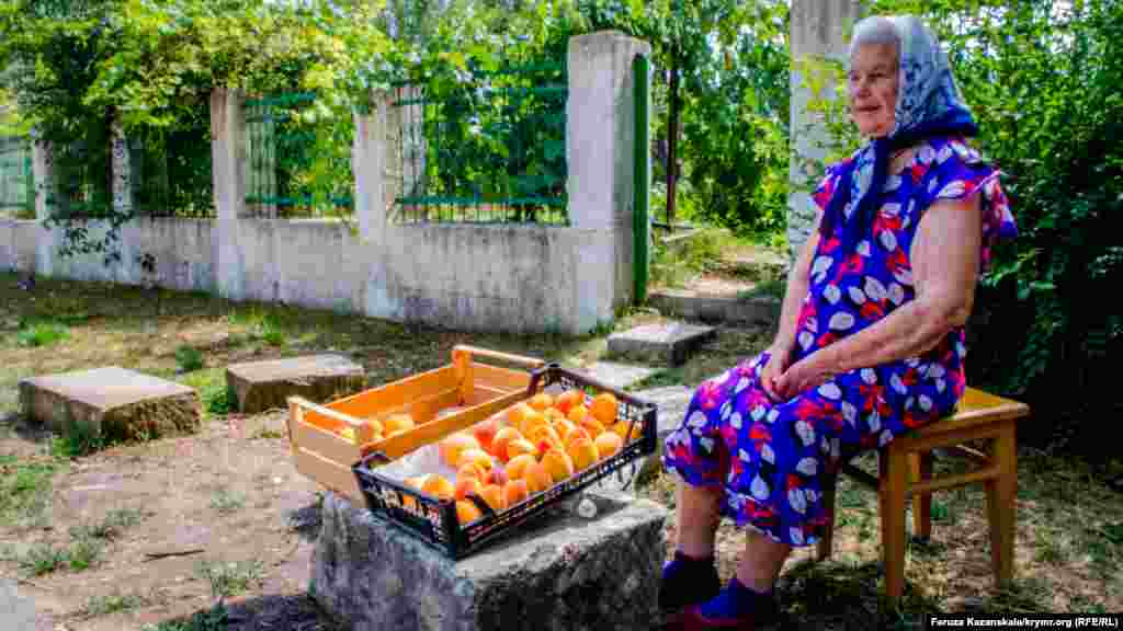 В Скалистом, у дороги возле безымянной остановки, женщина продает персики