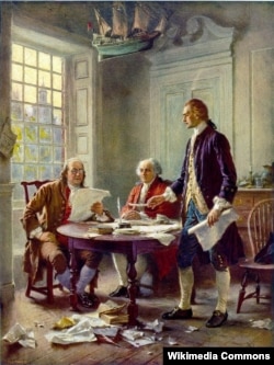 ABŞ Müstəqillik Bəyannaməsinin layihəsi üzərində iş, Thomas Jefferson (sağda), Benjamin Franklin (solda) və John Adams (ortada), rəssam Jean Leon Gerome Ferris (1863–1930)